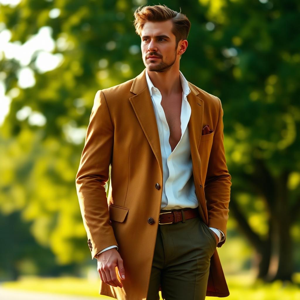 Unstructured tan sport coat outdoors