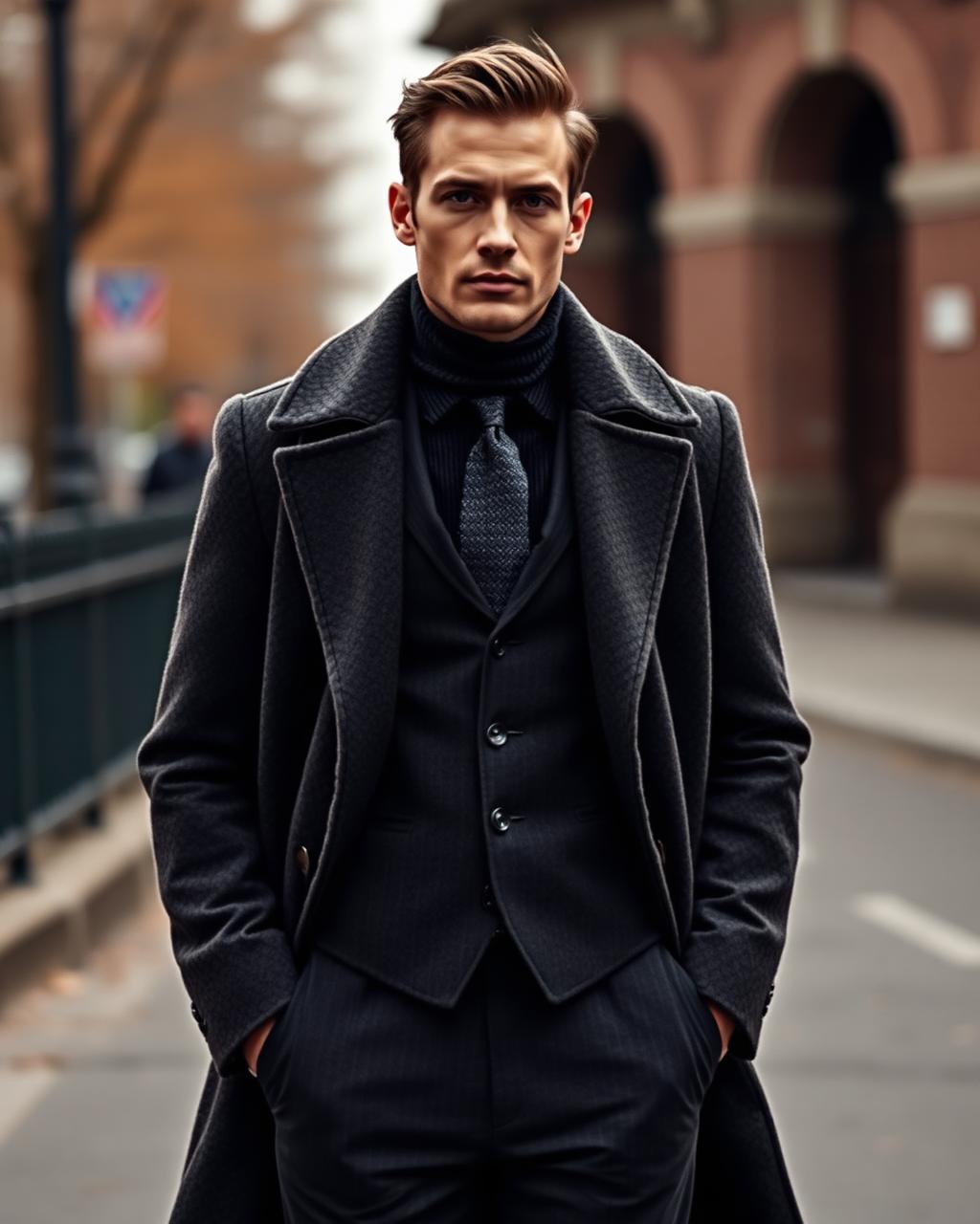 Charcoal three-piece overcoat