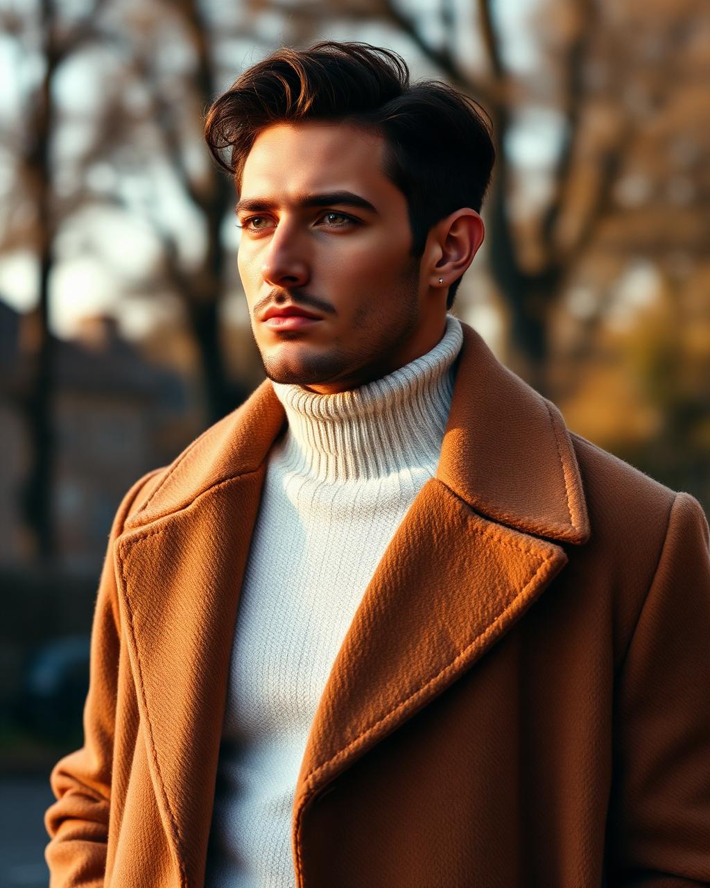 Camel overcoat with cream knit